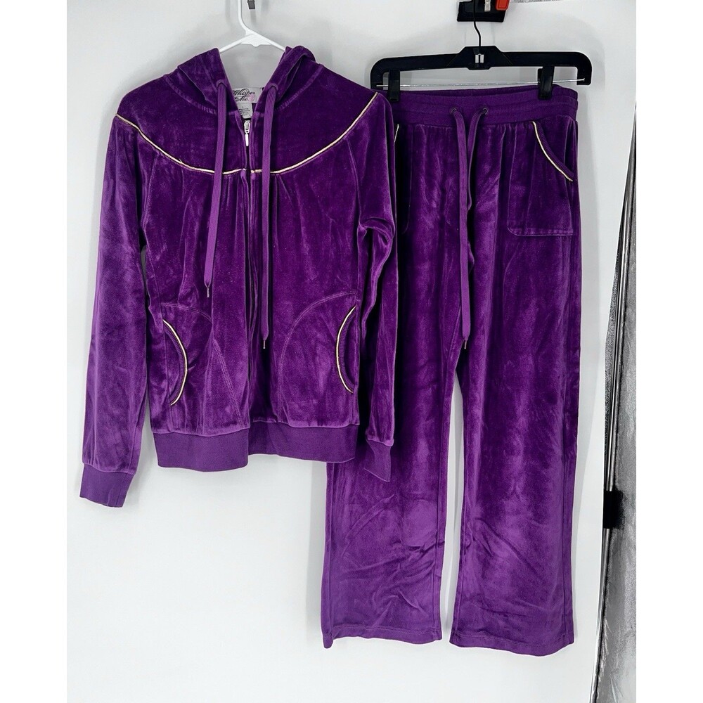 Whisper Me Y2K Purple Velour Tracksuit Set Large Gold Piping Hoodie Pants Woman